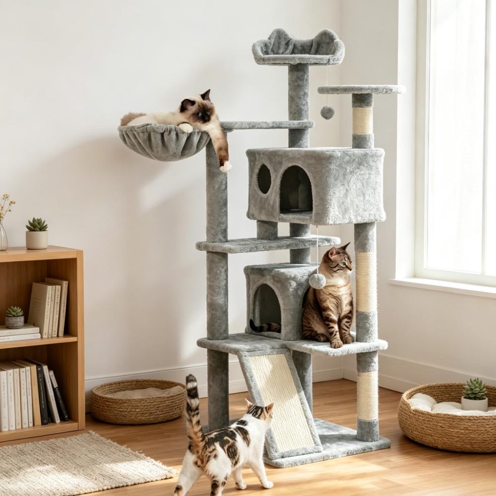 144.5cm Tall Multi-Level Cat Tree with Sisal Scratching Posts, 2 Cozy Condos & Hanging Balls, Large Climbing Tower for Active Kittens and Small Cats, Indoor Play House for Exercise and Rest [Plus A Free Gift]