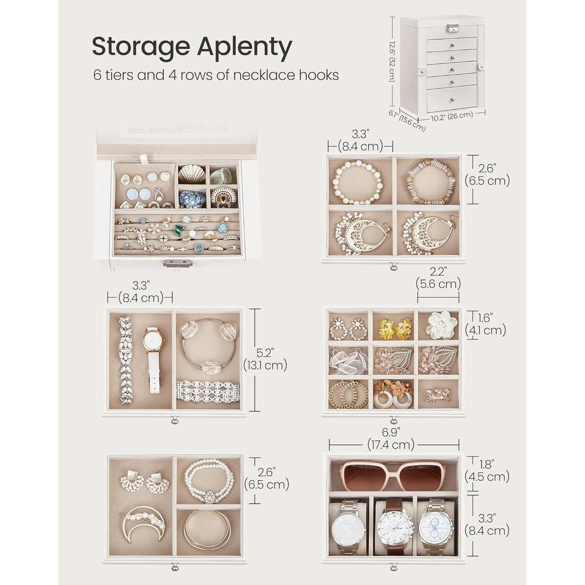 Large 6-Tier Jewellery Organiser with Lock and Mirror, 5-Drawer Watch and Accessory Storage Box, Vanity Case for Necklaces Rings Bracelets Earrings [Plus A Free Gift]