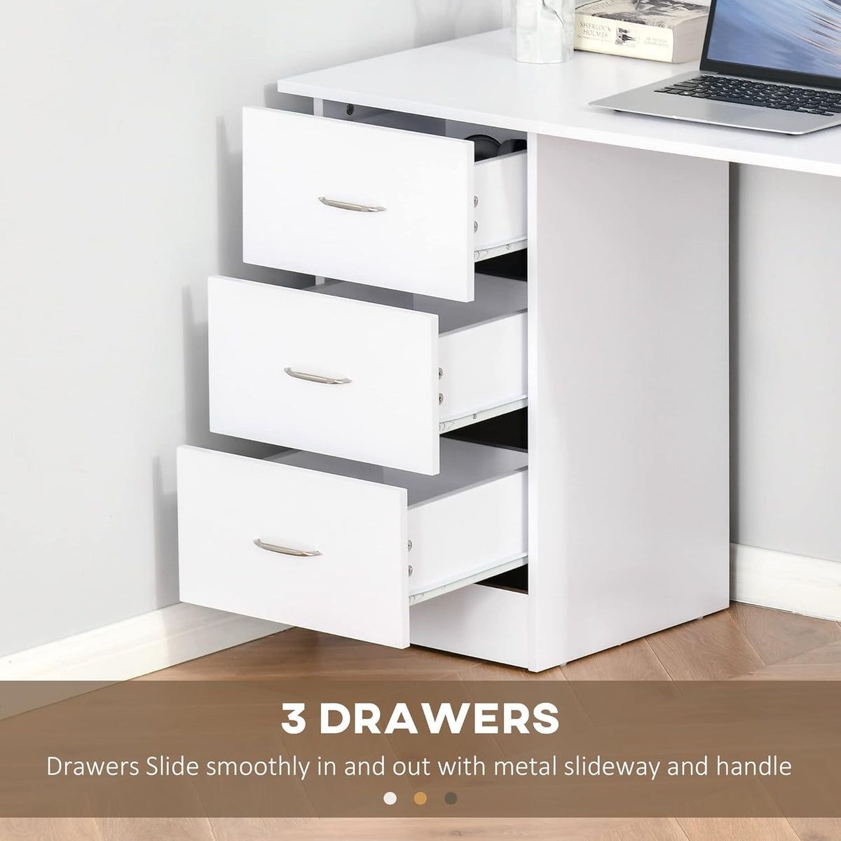 【NS】Computer Desk, Writing Table, PC Workstation with 3 Storage Shelves and Drawers, Silver Handle, for Home Office, White