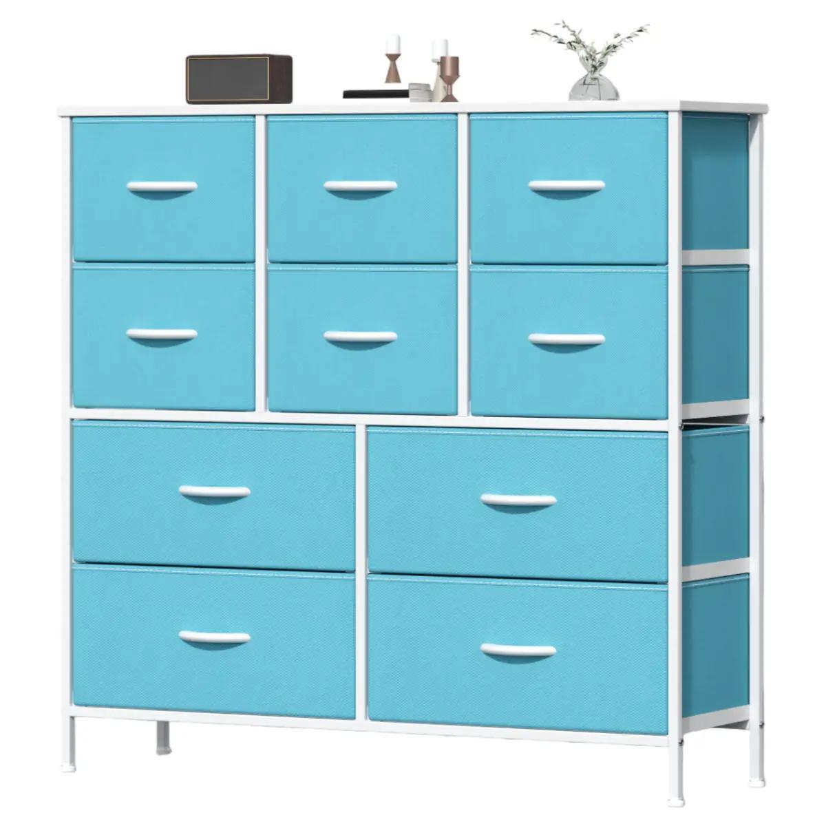 10-Drawer Fabric Storage Tower with Metal Frame & MDF Top, Non-Woven Organiser for Bedroom, Living Room, Hallway – Beige/White/Wood Tone (100x30x97cm)
