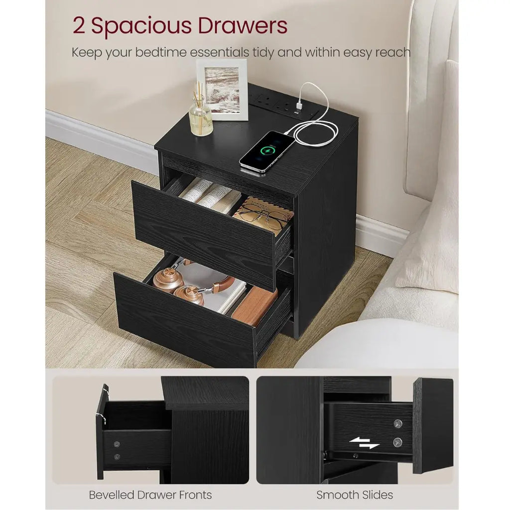 VASAGLE Nightstands with Charging Station, Bedside Tables with 2 Drawers, Side End Tables, 2 AC Outlets, 2 USB Ports, for Living Room, Bedroom, Study, Modern