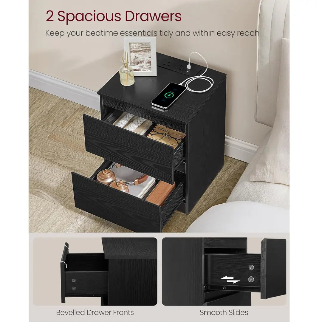 VASAGLE Nightstands with Charging Station, Bedside Tables with 2 Drawers, Side End Tables, 2 AC Outlets, 2 USB Ports, for Living Room, Bedroom, Study, Modern