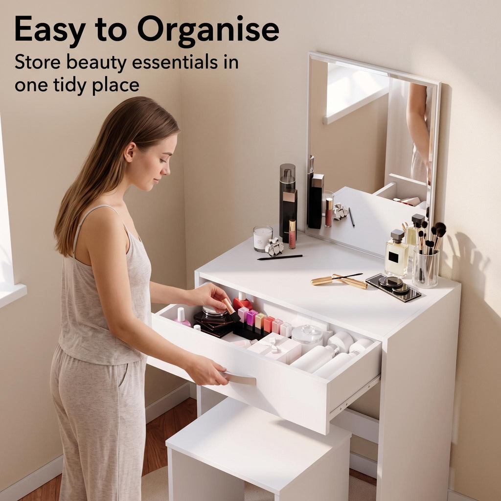 Dressing Table 1 Drawer Mirror & Stool Bedroom Set Makeup Vanity Cosmetics Storage Desk Dresser Furniture
