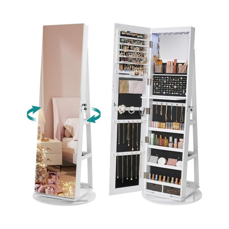 LED Full-Length Mirror Jewelry Cabinet, 360° Rotating Storage, Lockable Display Cabinet, Frameless Floor Standing Mirror, Rotatable Organizer with Shelves [Plus A Free Gift]