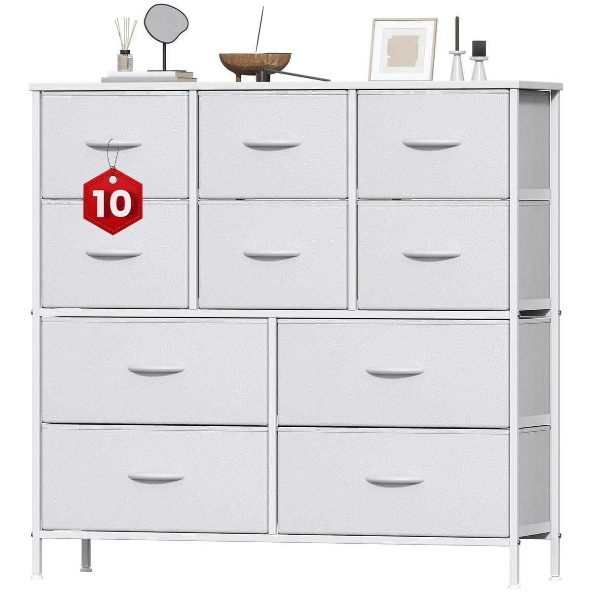 10-Drawer Fabric Storage Tower with Metal Frame & MDF Top, Non-Woven Organiser for Bedroom, Living Room, Hallway – Beige/White/Wood Tone (100x30x97cm)