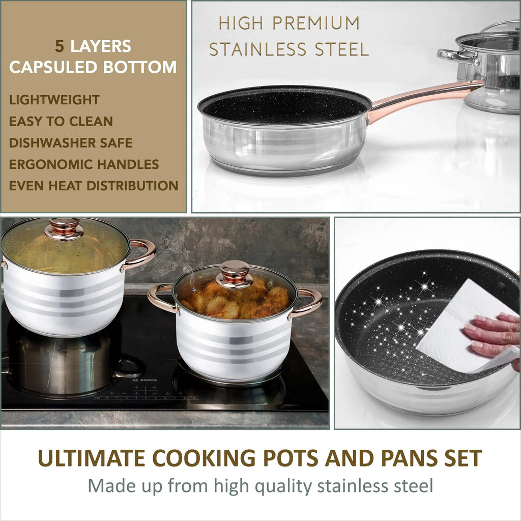 12‑Piece Stainless Steel Cookware Set with Glass Lids, Non‑Stick Casserole & Stockpot, Rose Gold Handles, Induction Compatible Kitchen Cooking Pots Set