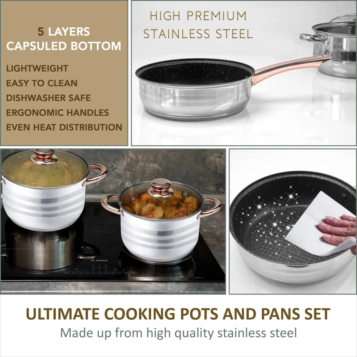 12‑Piece Stainless Steel Cookware Set with Glass Lids, Non‑Stick Casserole & Stockpot, Rose Gold Handles, Induction Compatible Kitchen Cooking Pots Set