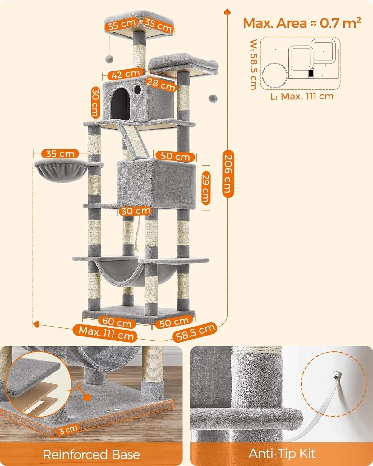 Tall Large Cat Tree 206 cm, Multi‑Level Plush Cat Tower with 13 Sisal Scratching Posts, Scratching Ramp, 2 Perches, 2 Cat Caves, Basket & Hammock, Interactive Pom‑pom Toys for Indoor Multi‑Cat Households