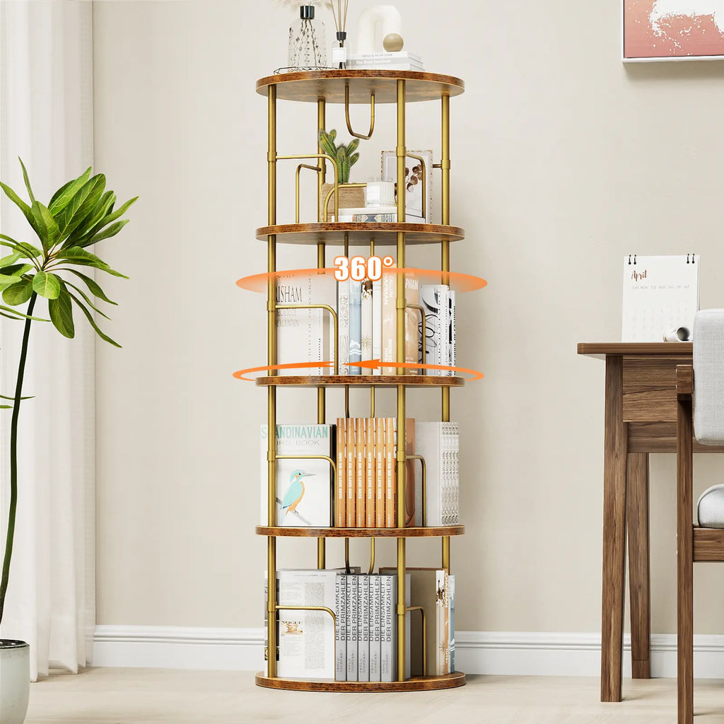 Flycity Rotating Bookshelf,3 Tier -5 Tier Spinning Bookshelf Tower,360° Display Unique Round Bookcase,Floor Standing Corner Revolving Bookshelf Storage Organizer for Home Study Office