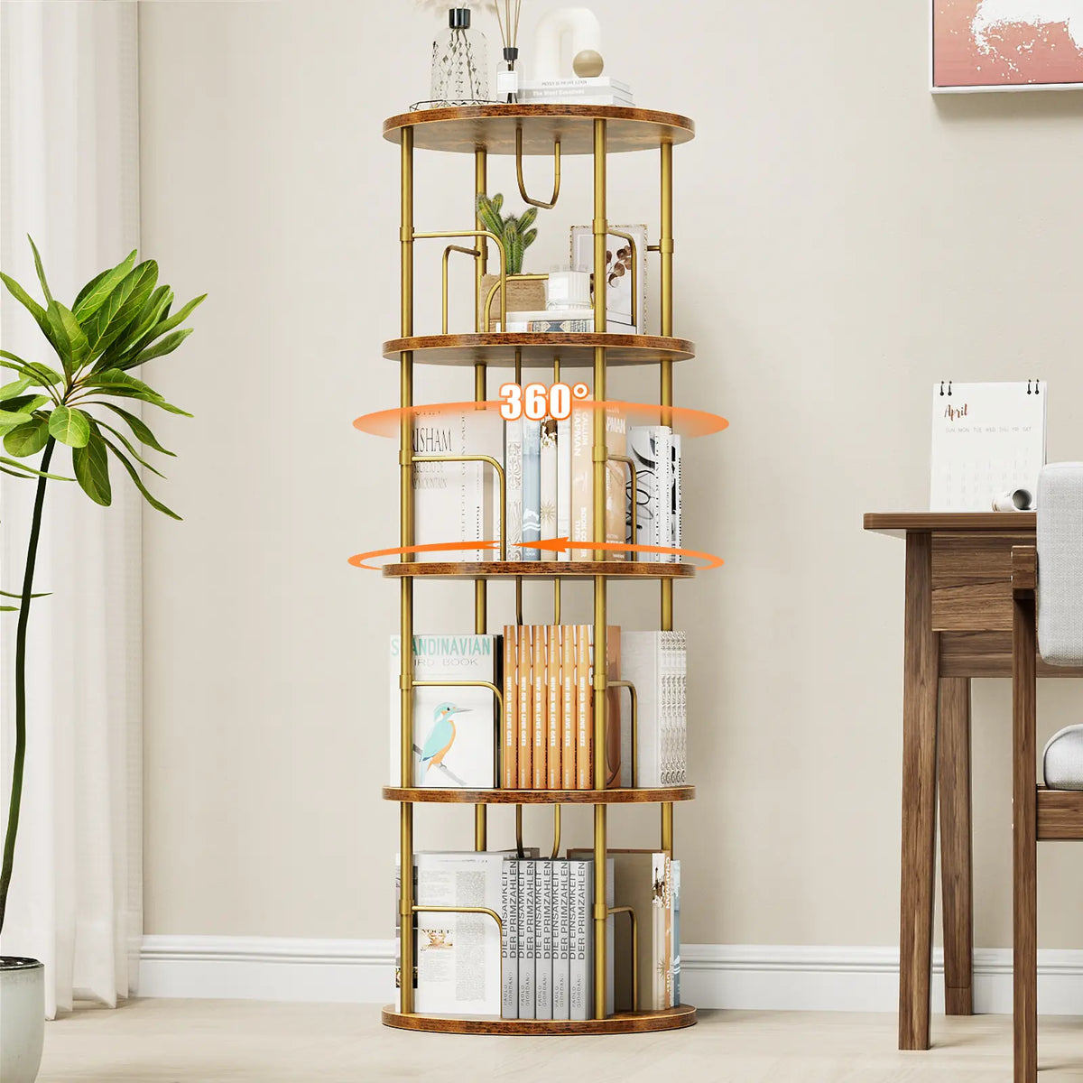 Flycity Rotating Bookshelf,3 Tier -5 Tier Spinning Bookshelf Tower,360° Display Unique Round Bookcase,Floor Standing Corner Revolving Bookshelf Storage Organizer for Home Study Office