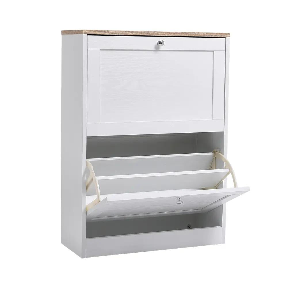 58cm Wide Shoe Storage Cabinet with 2 Flip‑Down Drawers, White Wooden Narrow Shoe Organizer, Slim Hidden Footwear Storage Cabinet for Entryway Hallway Living Room, Holds Up to 12 Pairs of Shoes