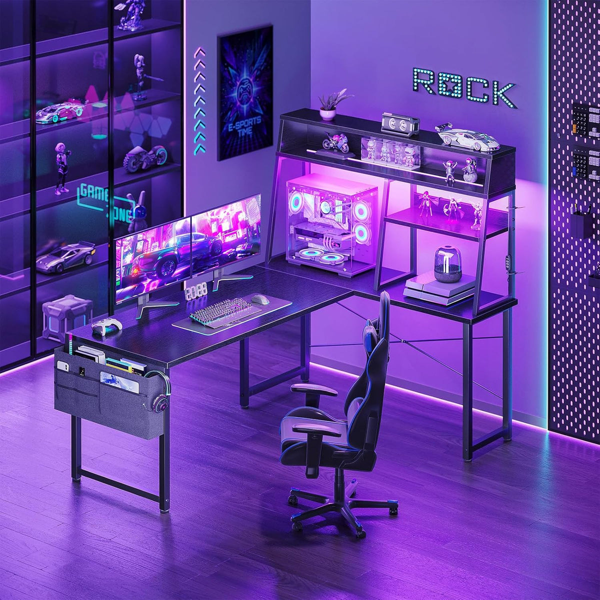 L Shaped Gaming Desk with Led Lights,  Reversible Corner Computer Desk with Display Shelves, PC Gaming Table with Storage Bag Black