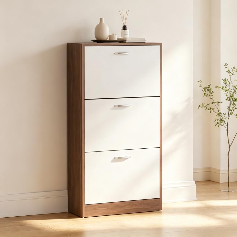 Pull-Down Wooden Shoe Storage Cabinet | 3-Tier Slim Shoe Organiser with Drop-Down Drawers, Multifunctional Dust-Proof Space-Saving Cupboard for Hallway, Entryway, Porch | Walnut & White Finish [Plus A Free Gift]