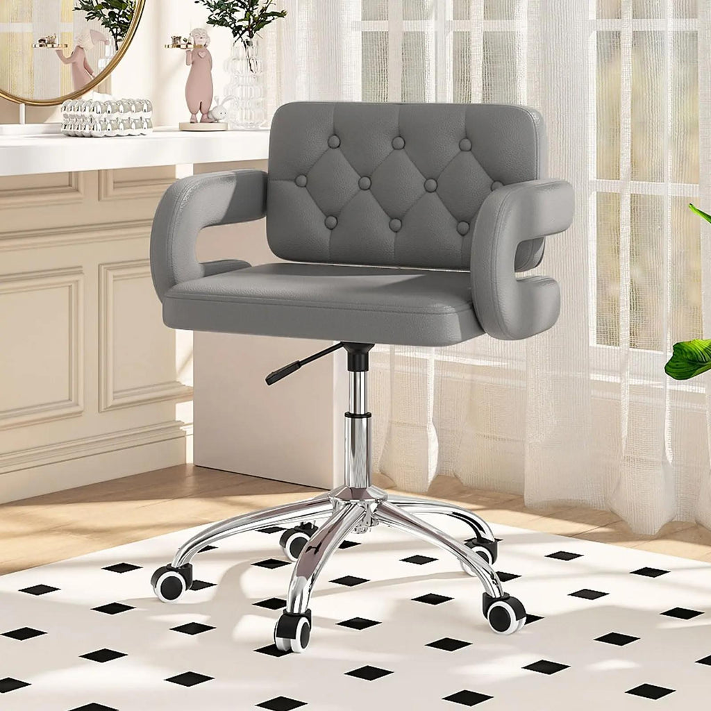 Faux Leather Swivel Office Chair, Height Adjustable Ergonomic Desk Chair, Vanity Chairs Lumbar Support and C-Armrests for Office Bedroom Living Room, Pink