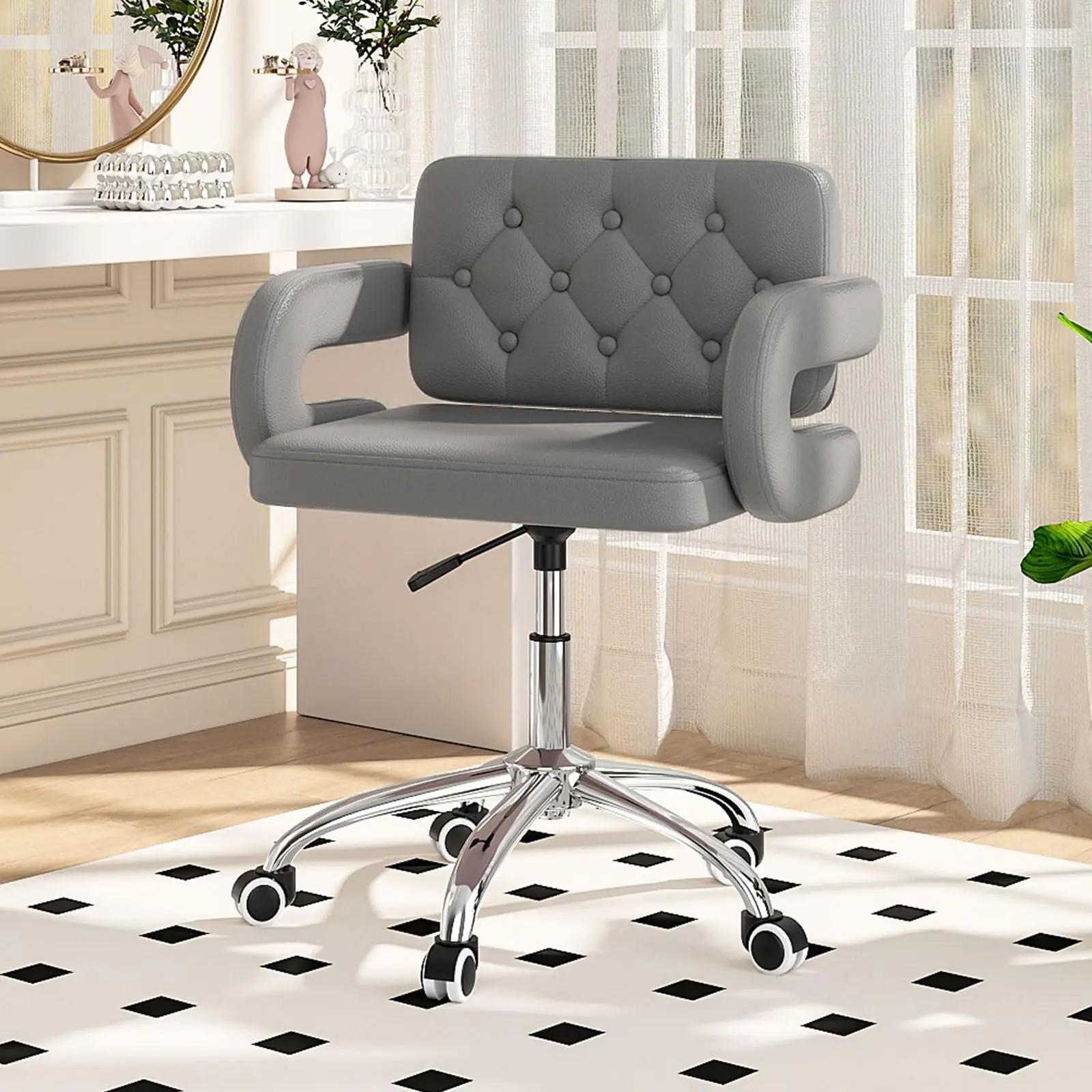 Faux Leather Swivel Office Chair, Height Adjustable Ergonomic Desk Chair, Vanity Chairs Lumbar Support and C-Armrests for Office Bedroom Living Room, Pink