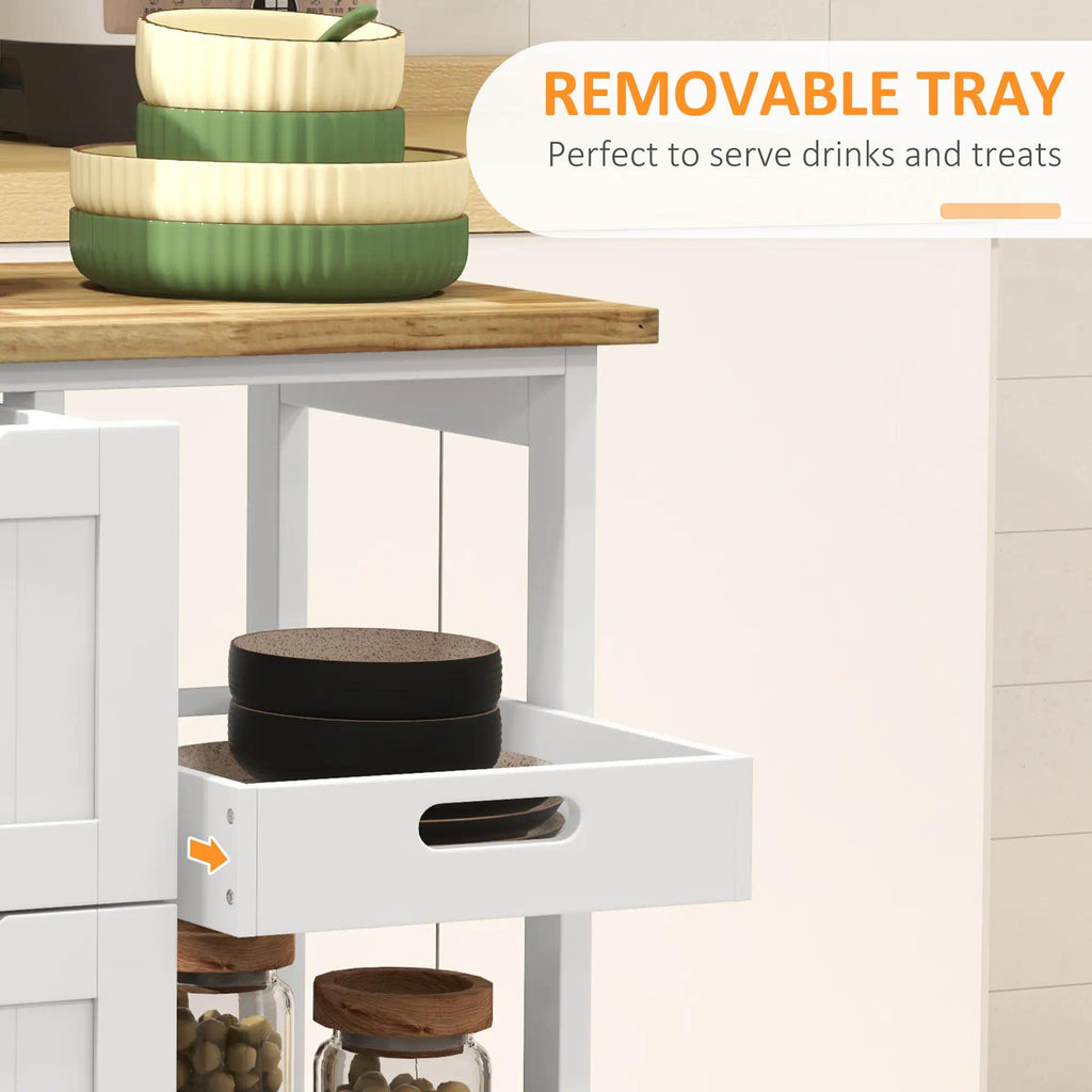 Rolling Kitchen Trolley Cart, Mobile Kitchen Island with Rubberwood Worktop, White MDF Storage Cart with 3 Drawers, Open Shelves & Removable Serving Tray, Lockable Wheels for Dining & Kitchen Storage