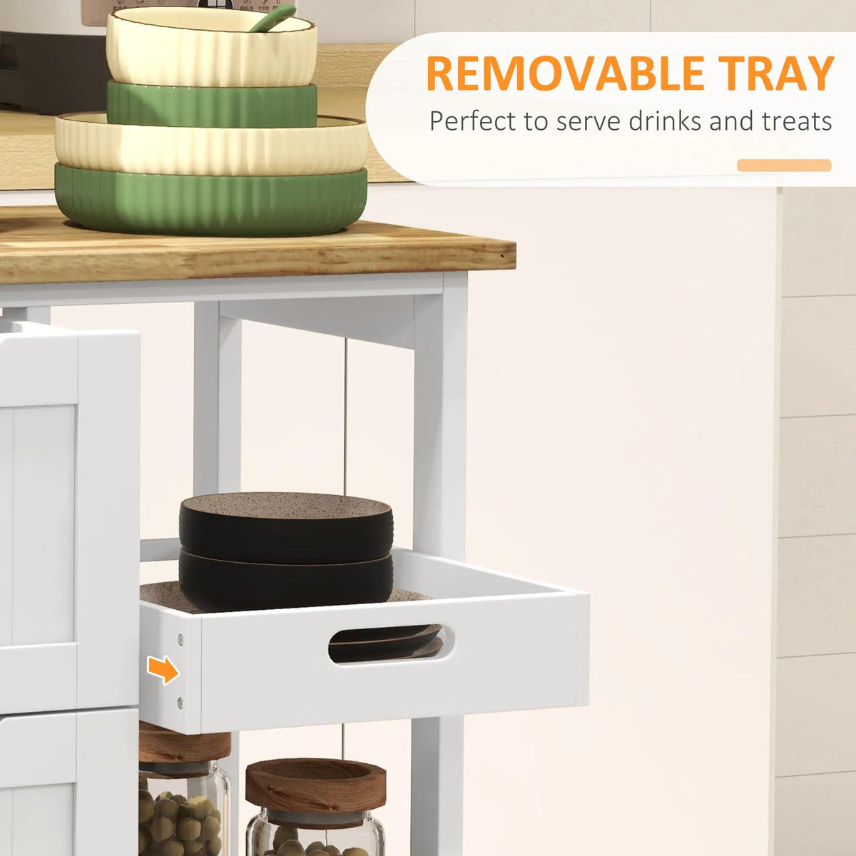 Rolling Kitchen Trolley Cart, Mobile Kitchen Island with Rubberwood Worktop, White MDF Storage Cart with 3 Drawers, Open Shelves & Removable Serving Tray, Lockable Wheels for Dining & Kitchen Storage