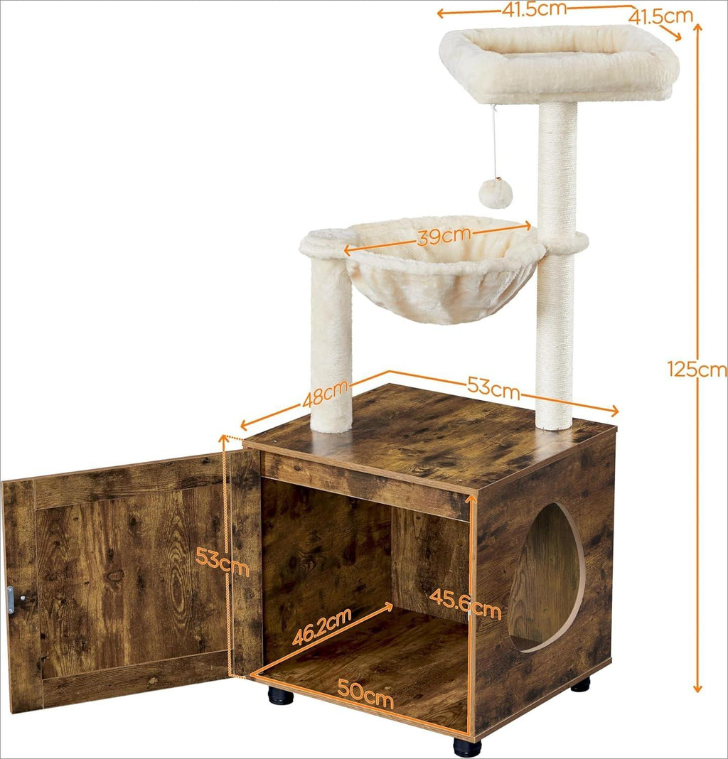 Cat Tree Tower with Hidden Litter Box Enclosure, All‑in‑One Wooden Cat Furniture for Indoor Large Cats, Kitty Washroom Cabinet with Condo, Hammock, Sisal Scratching Posts, Top Perch Platform, Multi‑Level Pet Kitten House