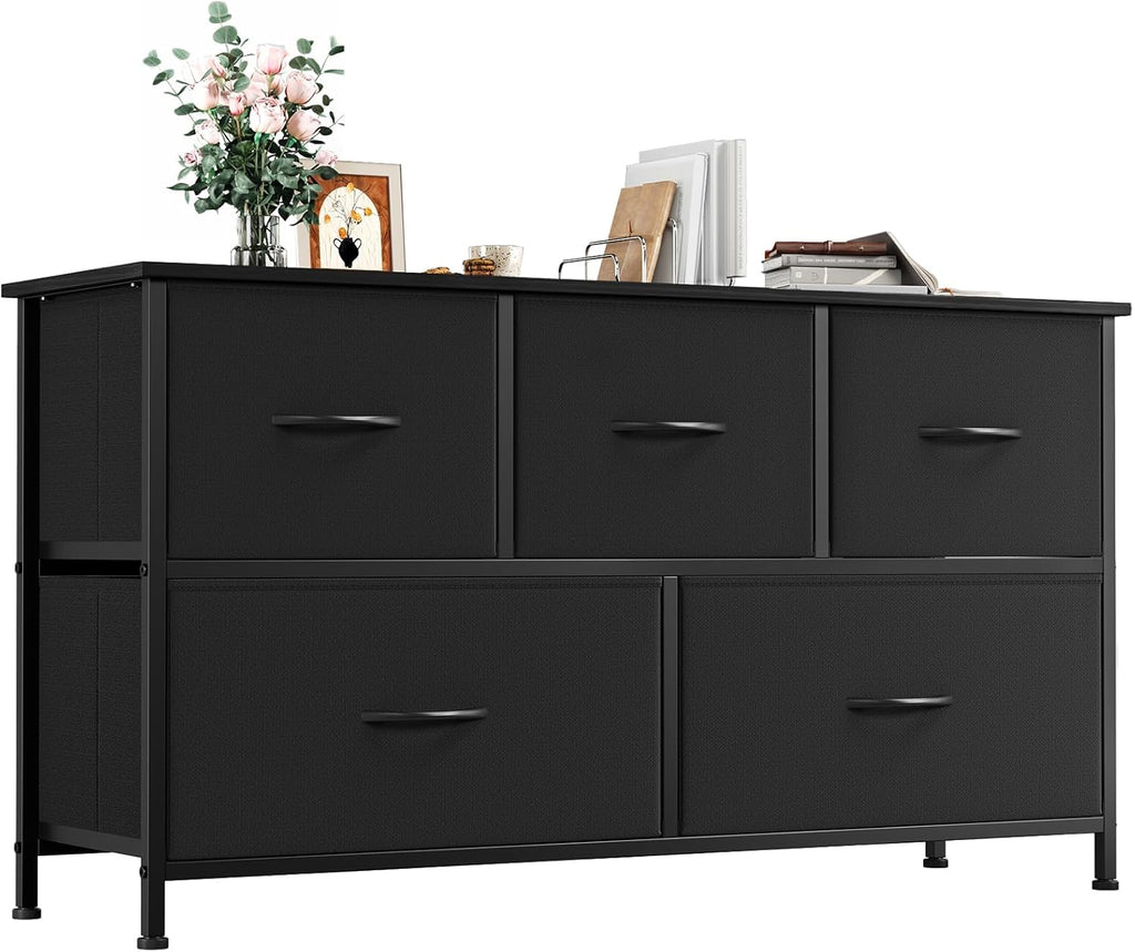 5 Drawers Faux Leather Chest of Drawers Wide Storage Organiser Dresser White Multi-Use Nightstand TV Stand Cabinet for Bedroom Closet Nursery Entryway Hallway 30 x 100 x 55 cm