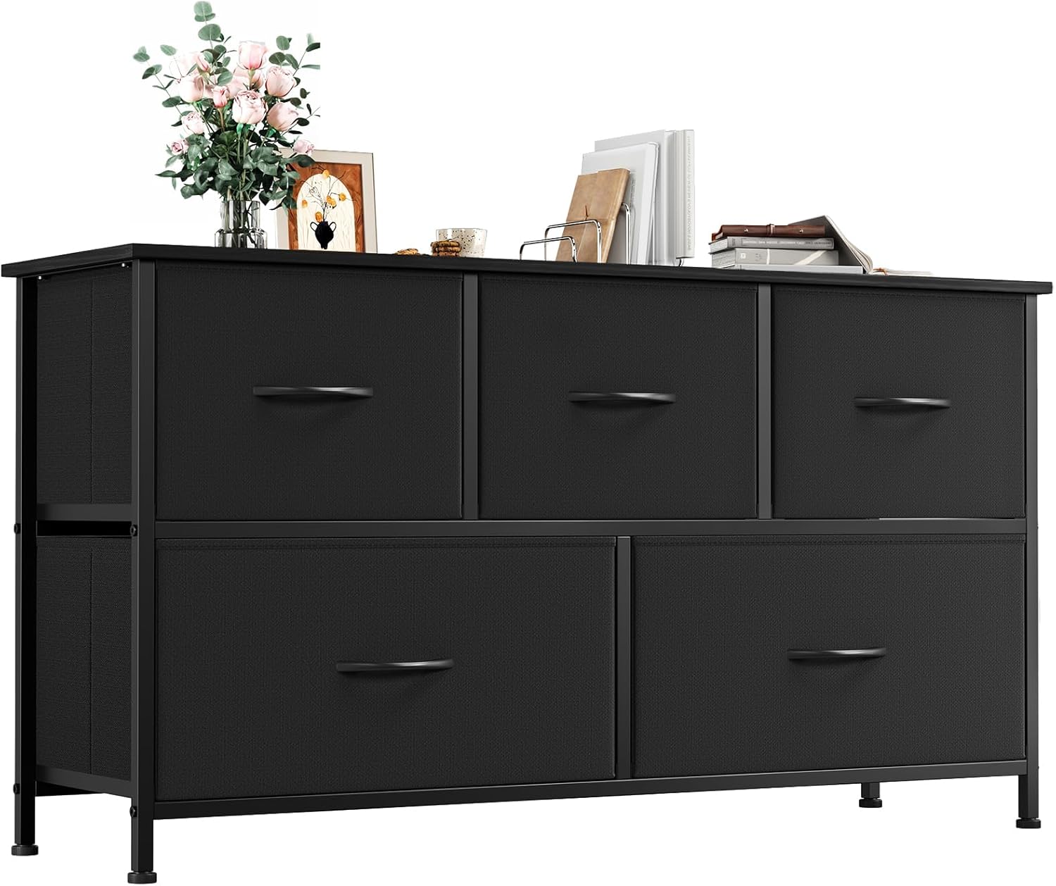 5 Drawers Faux Leather Chest of Drawers Wide Storage Organiser Dresser White Multi-Use Nightstand TV Stand Cabinet for Bedroom Closet Nursery Entryway Hallway 30 x 100 x 55 cm