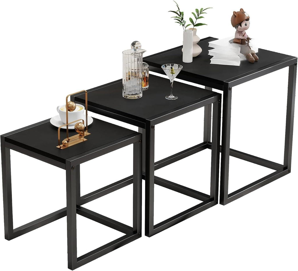 Nesting Coffee Table - Industrial Square End Tables with Metal Frame for Living Room, Bedroom & Office, Brown