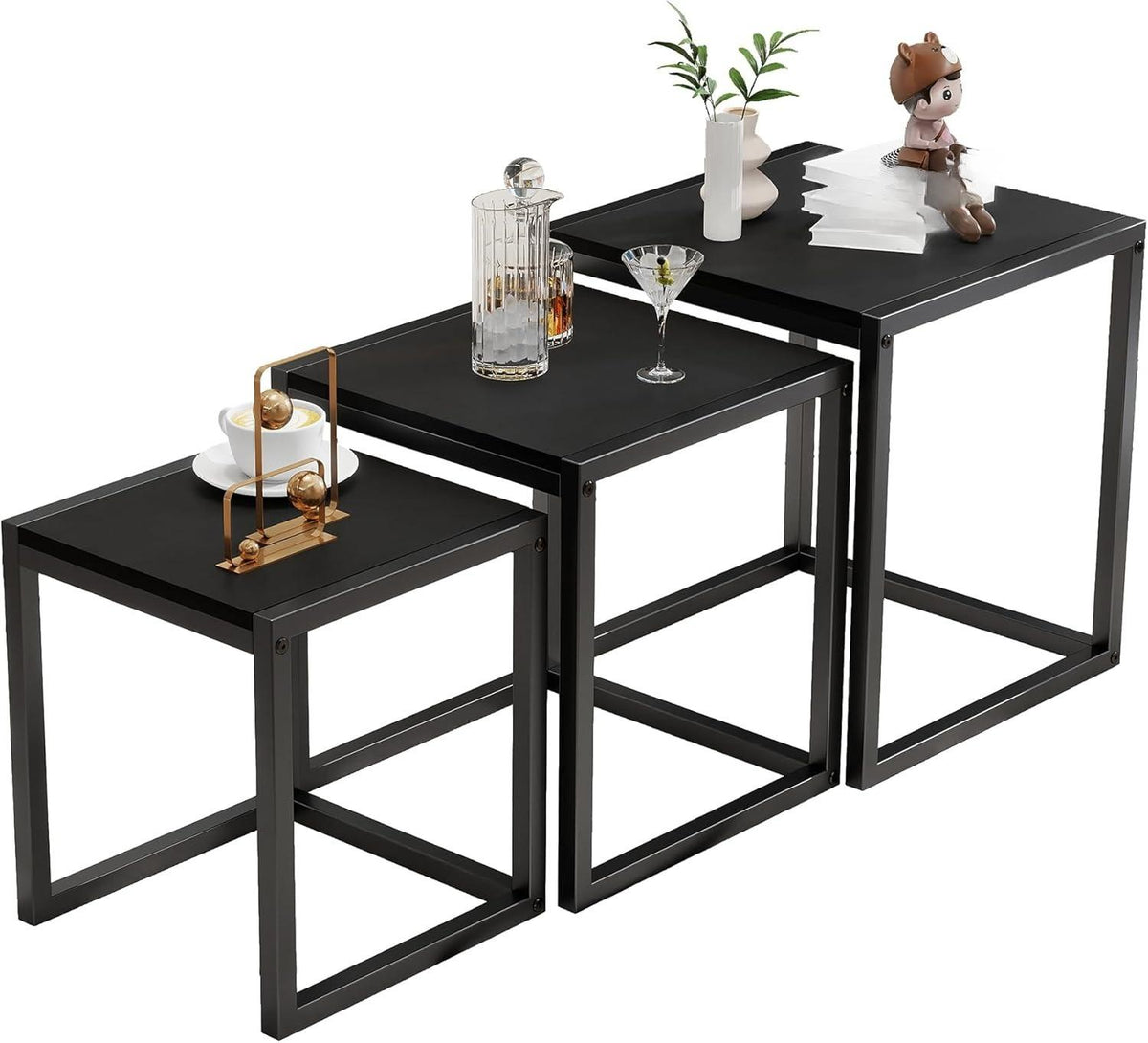 Nesting Coffee Table - Industrial Square End Tables with Metal Frame for Living Room, Bedroom & Office, Brown