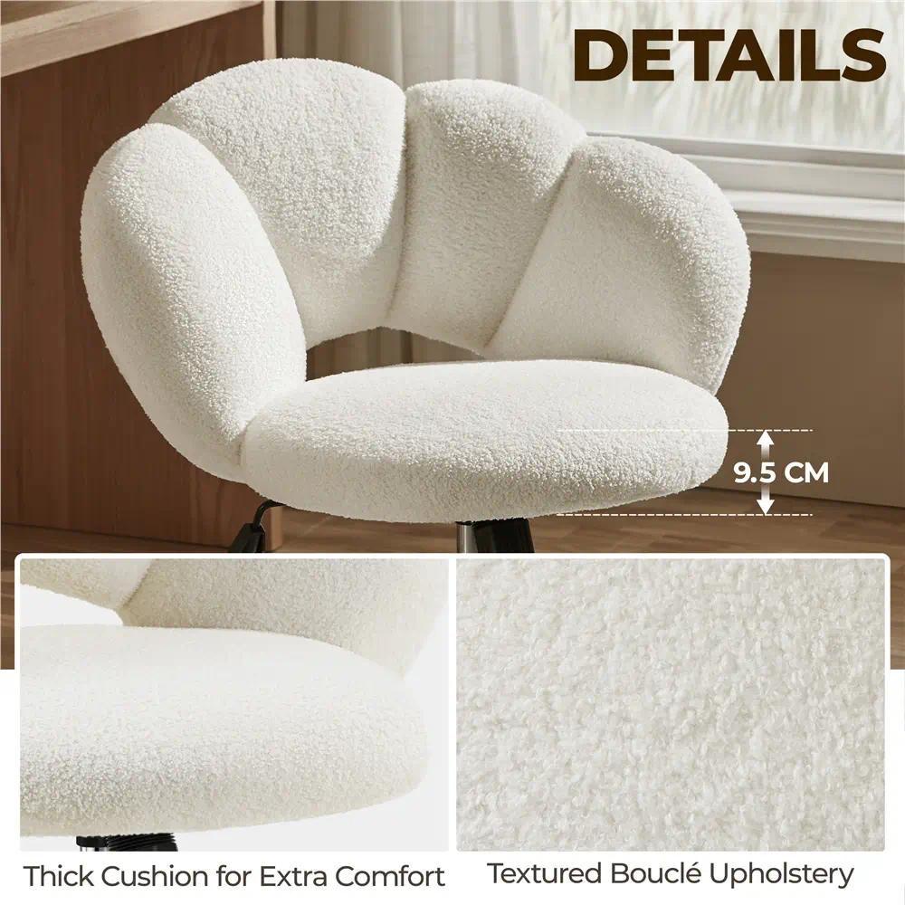 White Boucle Cloud-Shaped Desk Chair | Swivel Makeup Vanity Stool with Wheels & Adjustable Height | Soft Upholstered Home Office Accent Chair for Bedroom Living Room [Plus A Free Gift]