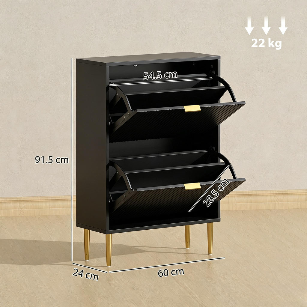 Narrow Shoe Cabinet with 2 Flip Drawers, Modern Slim Shoe Storage Cabinet with Fluted Doors, Gold Handles & Adjustable Shelves, Freestanding Shoe Organizer for Hallway Entryway, Holds 12 Pairs of Shoes