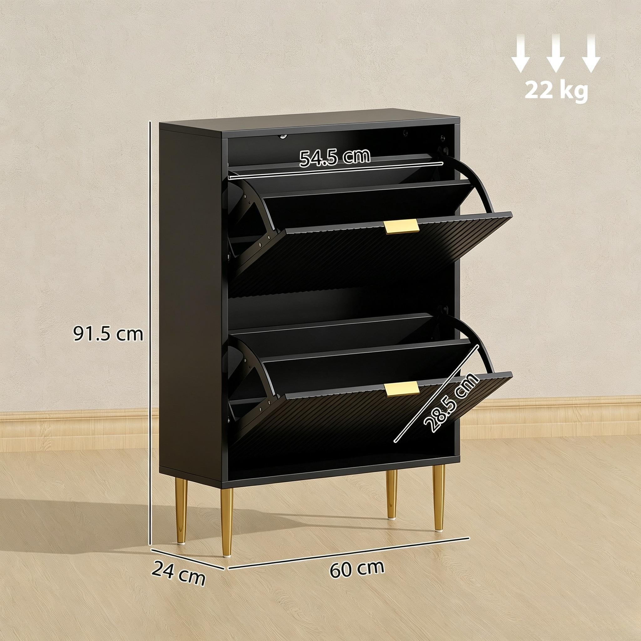 Narrow Shoe Cabinet with 2 Flip Drawers, Modern Slim Shoe Storage Cabinet with Fluted Doors, Gold Handles & Adjustable Shelves, Freestanding Shoe Organizer for Hallway Entryway, Holds 12 Pairs of Shoes