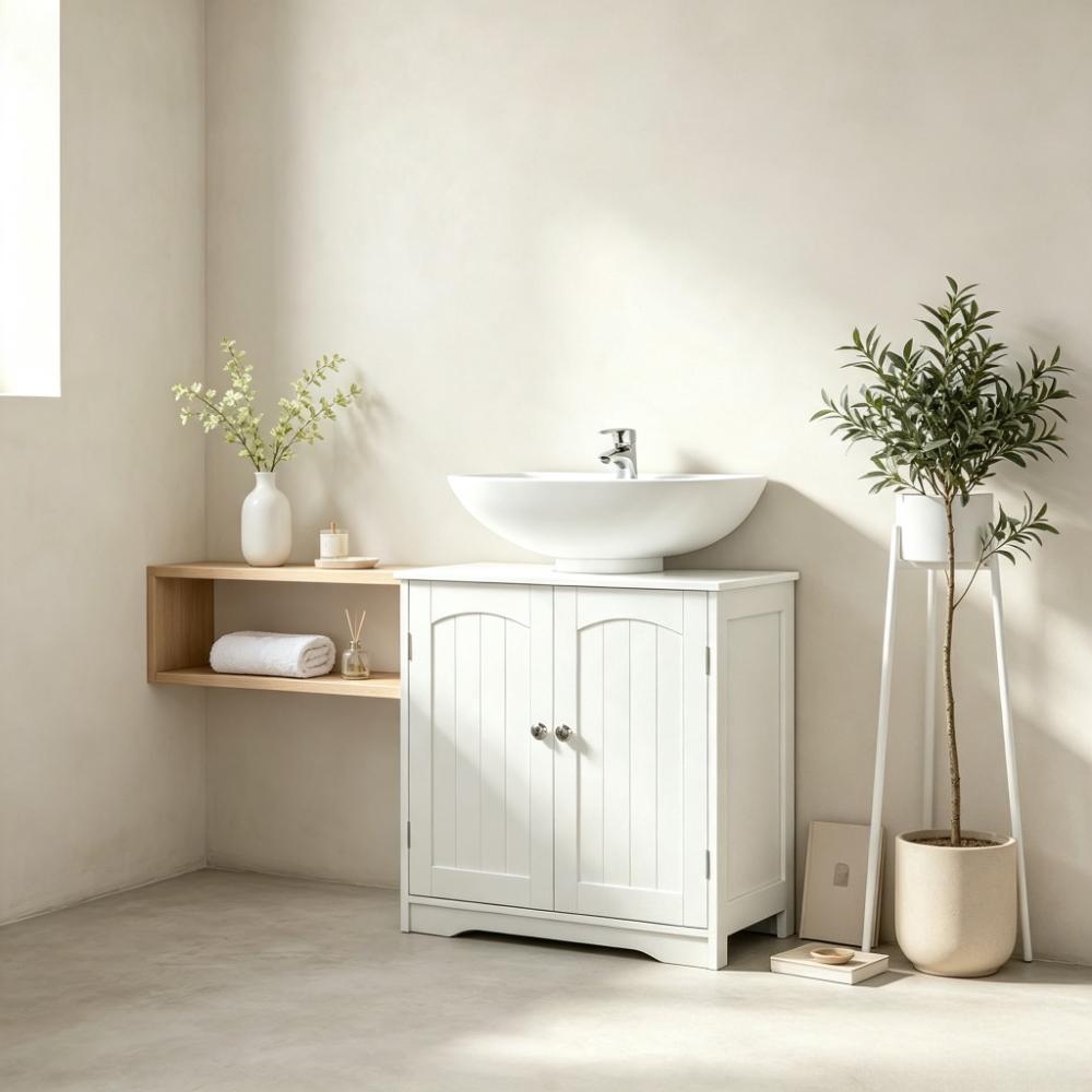 Freestanding Wooden Bathroom Sink Unit with 2 Doors, Under Sink Storage Cabinet for Small Space, Modern Basin Cupboard Organiser for Bathroom [Plus A Free Gift]