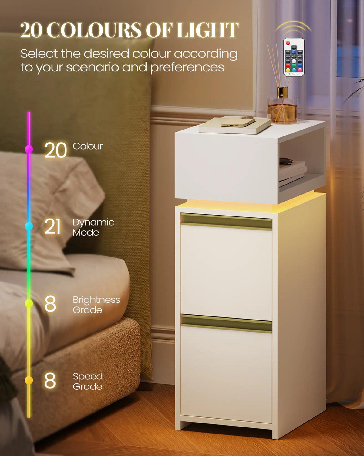 Modern Slim Nightstand with LED Light, 2-Drawer Bedside Cabinet with Open Storage Shelf, Small Side Table for Bedroom Living Room, Space-Saving Furniture [Plus A Free Gift]
