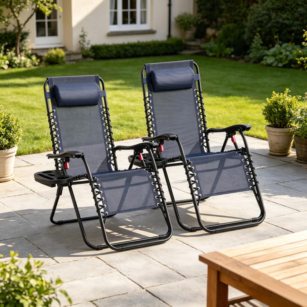 Zero Gravity Reclining Chairs Set of 2, Folding Sun Loungers with Tray, Adjustable Headrest, 110kg Capacity Each, Outdoor Patio Garden Furniture [Plus A Free Gift]