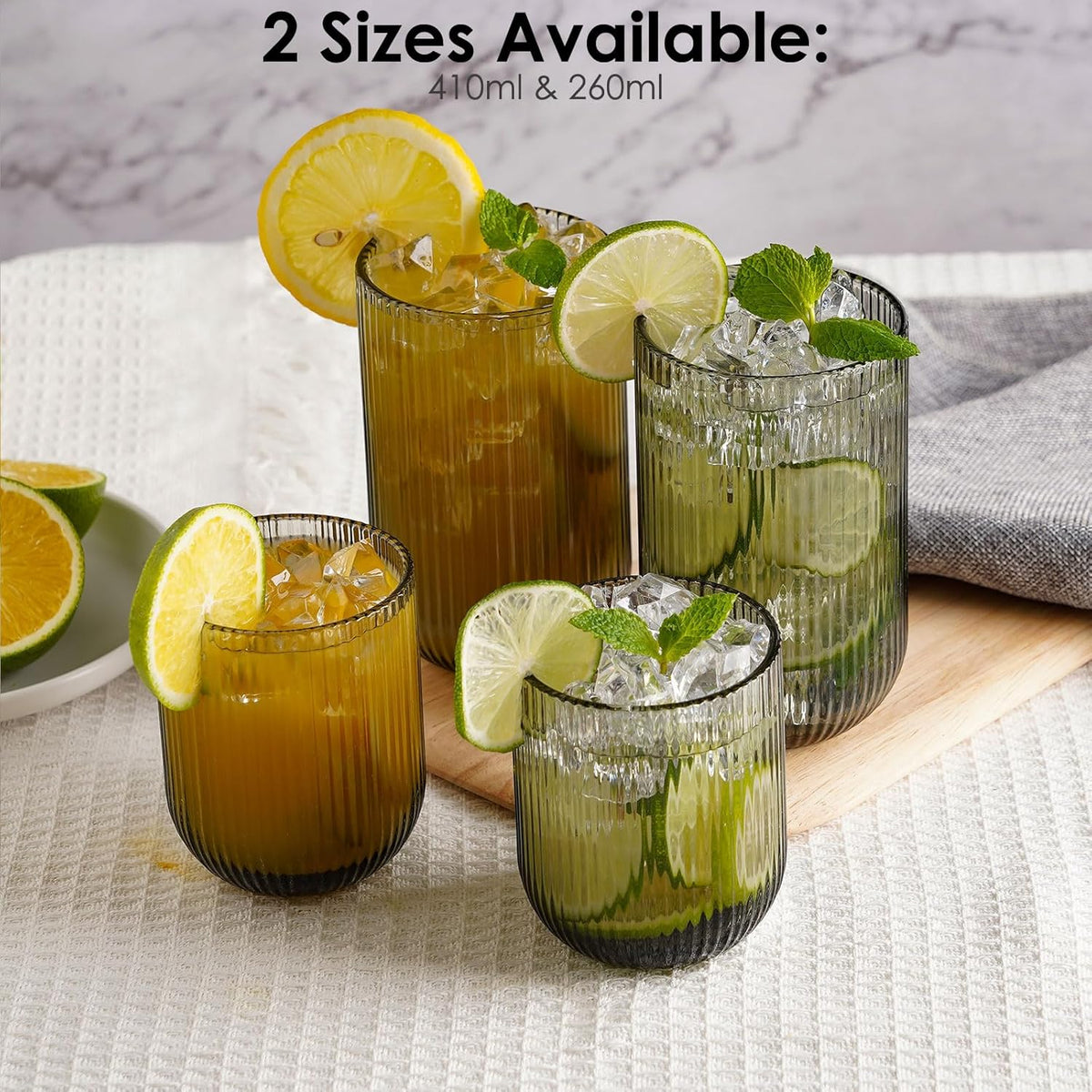 410ml Ribbed Highball Glasses Tall Hi Ball Glassware for Water Gin Juice Cocktail Ideal for Home Restaurant Events & Parties Dishwasher Safe