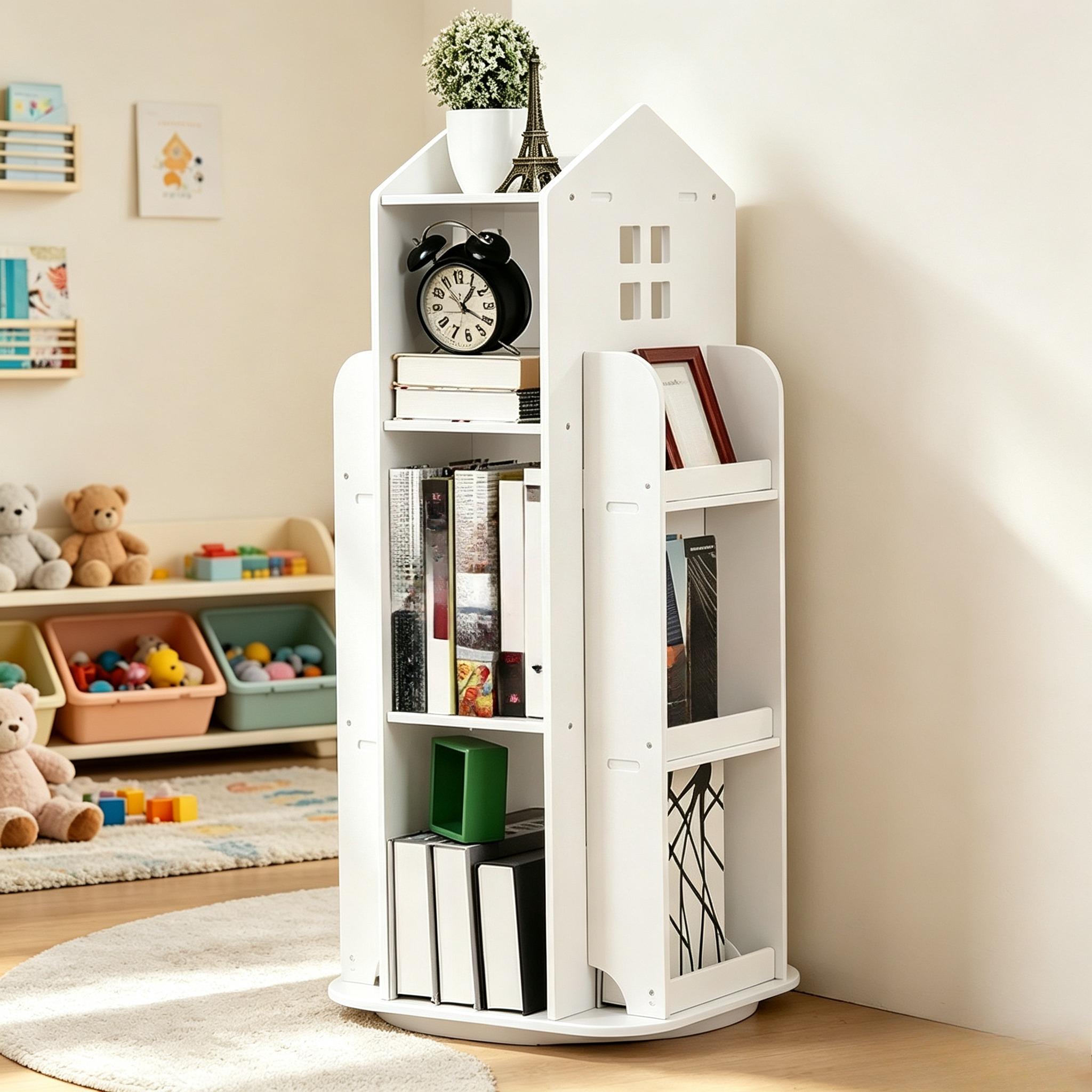 3‑Colors 360° Rotating Kids Bookshelf, House‑Shaped Spinning Wooden Floor Standing Bookcase, Multi‑Functional Book Display & Toy Storage Organizer for Child’s Bedroom, Nursery, Study Room, Playroom