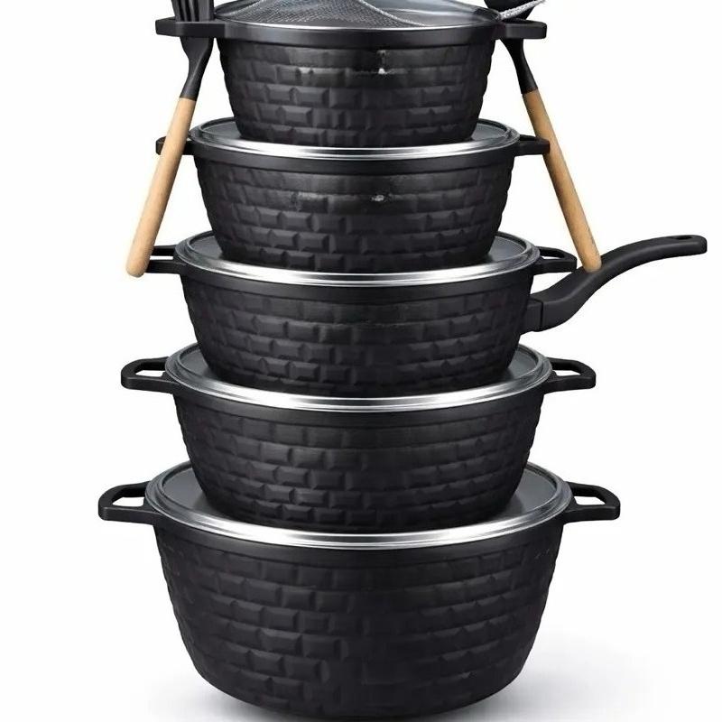 5‑Piece Die‑Cast Non‑Stick Cookware Set, Kitchen Pots and Pans Set‑Including 20/24/28/32cm Casserole Stock Pots & 28cm Frying Pan with 2 Cooking Spoons, Compatible with Induction, Gas & Electric Stovetops