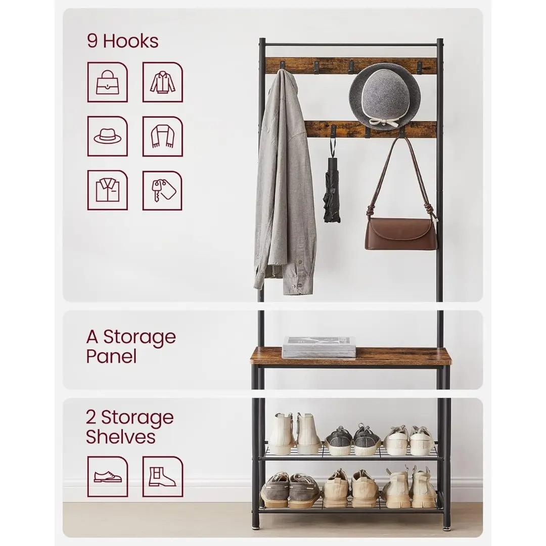 Industrial Style Hall Tree Coat Rack, Entryway Clothes Stand with Bench, Shoe Shelves & 9 Hooks, Metal Frame Shoe Bench Organizer for Hallway Cloakroom Home Storage