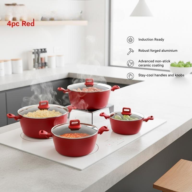 4Pcs Professional Aluminium Non-Stick Stockpot Set, Soft Touch Handle with Tempered Glass Lid, Induction Compatible Cookware Set, Soup Stew Pot for Kitchen Cooking