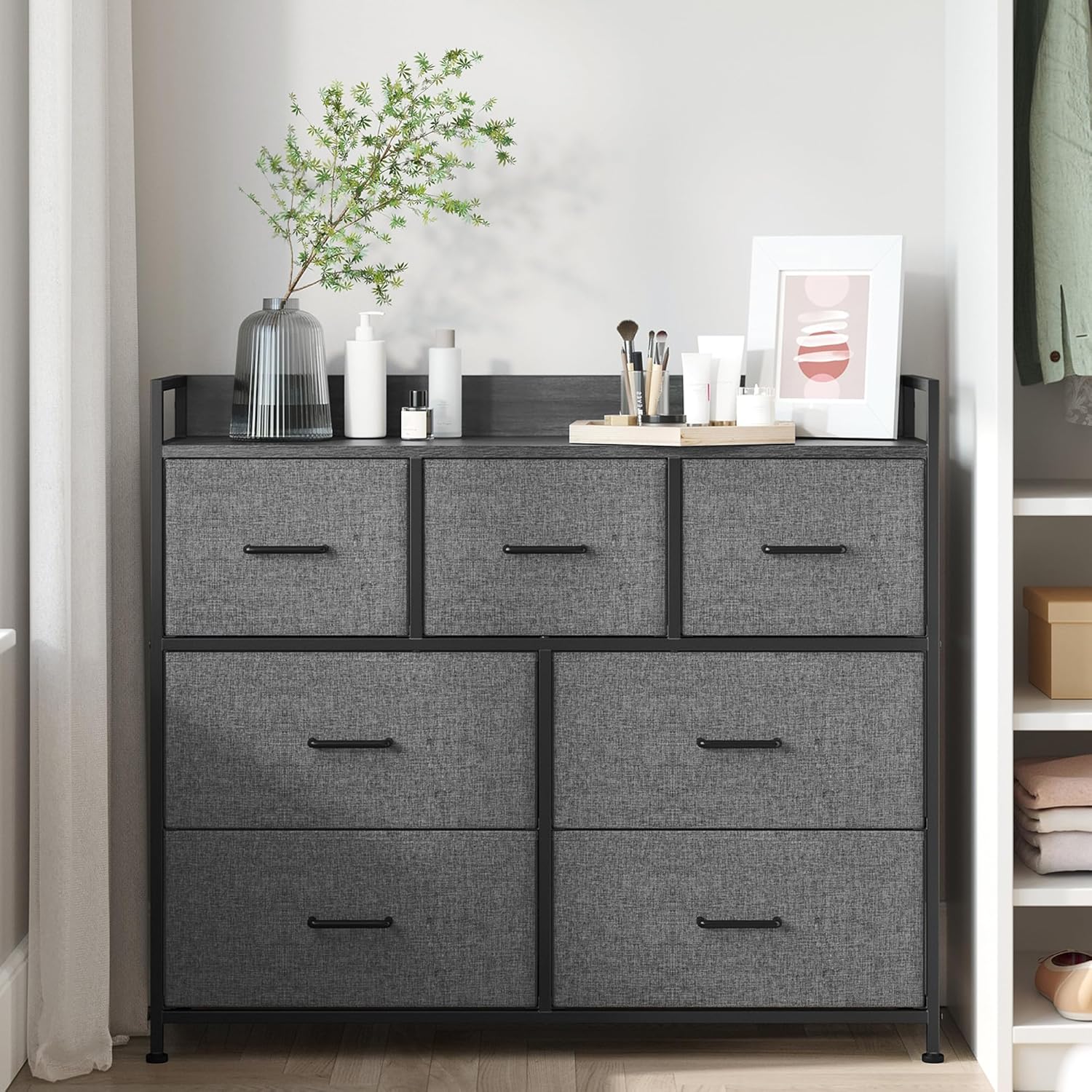 7-Drawer Fabric Chest of Drawers, Storage Organizer with Wooden Top, Sturdy Metal Frame & Soft Handles, Easy Assembly Multi-Purpose Cabinet for Bedroom, Entryway, Hallway, Kids Room, Nursery & Living Room
