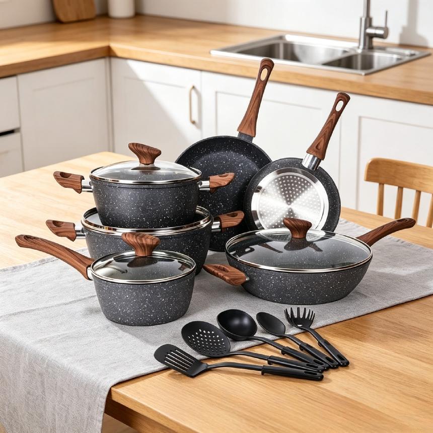 CZHMBM  Non Stick Pots and Pans Set Induction Hob Compatible Cookware with Lids Heat Resistant Easy Clean Durable Kitchenware for Home Cooking Copper Finish Wooden Handles - Oil