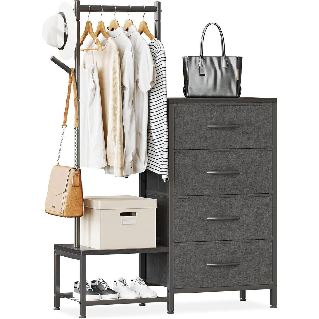 Retro Fabric Chest of Drawers, Multifunctional Storage Dresser with 4 Drawers, Clothes Hanging Rail & 2 Hooks, Double-Layer Shoe Rack Organizer, Stable Frame Storage Cabinet for Bedroom Entryway Home Furniture