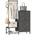 Retro Fabric Chest of Drawers, Multifunctional Storage Dresser with 4 Drawers, Clothes Hanging Rail & 2 Hooks, Double-Layer Shoe Rack Organizer, Stable Frame Storage Cabinet for Bedroom Entryway Home Furniture