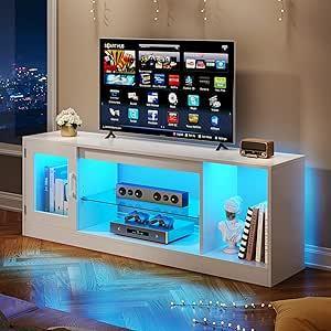 【NS】TV Cabinet Stand Unit, Modern Style TV Table for Flat Screens Up to 65 Inch, Open Adjustable Glass Storage Shelves for Living Room, Gaming, Entertainment Room, Hallway, Bedroom