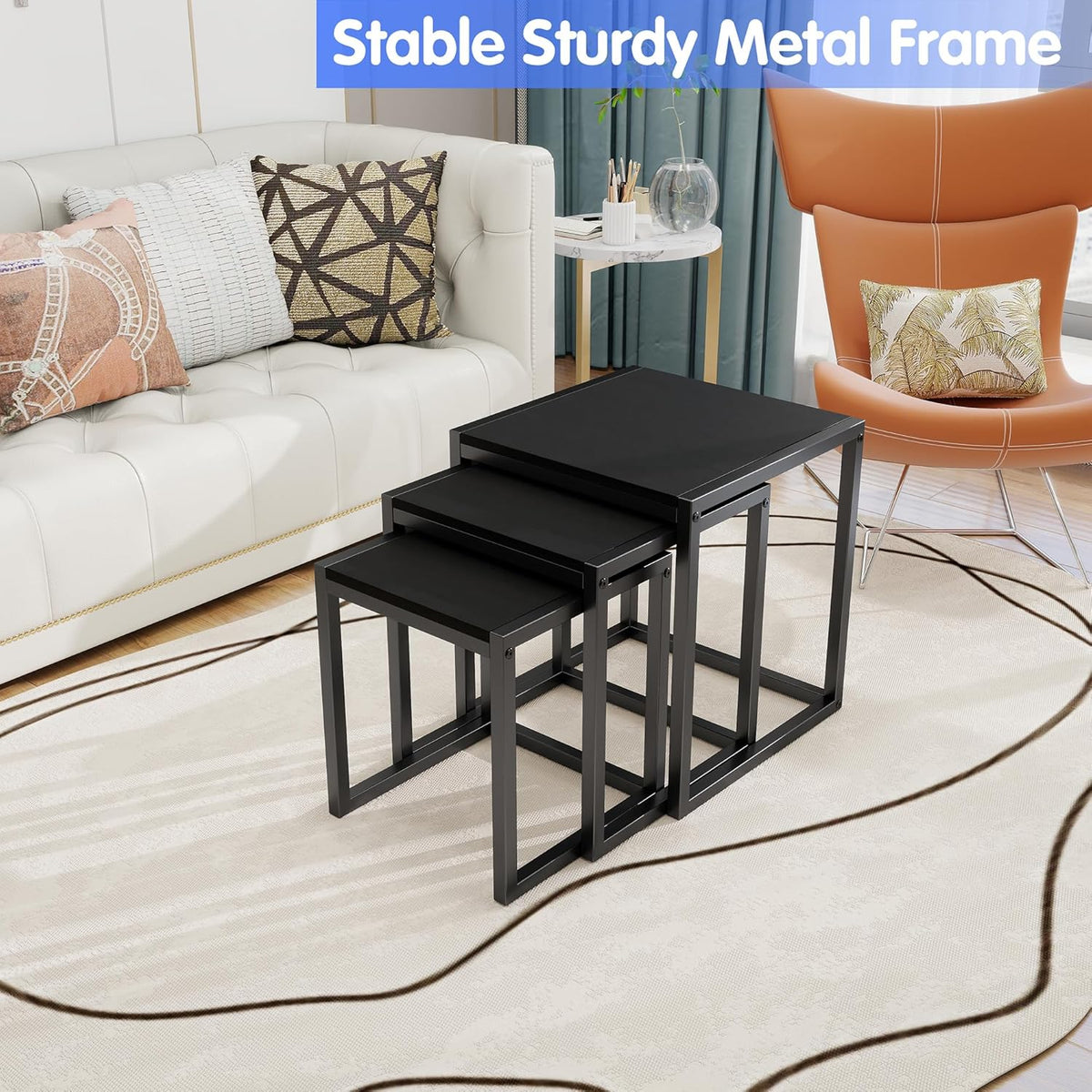 Nesting Coffee Table - Industrial Square End Tables with Metal Frame for Living Room, Bedroom & Office, Brown
