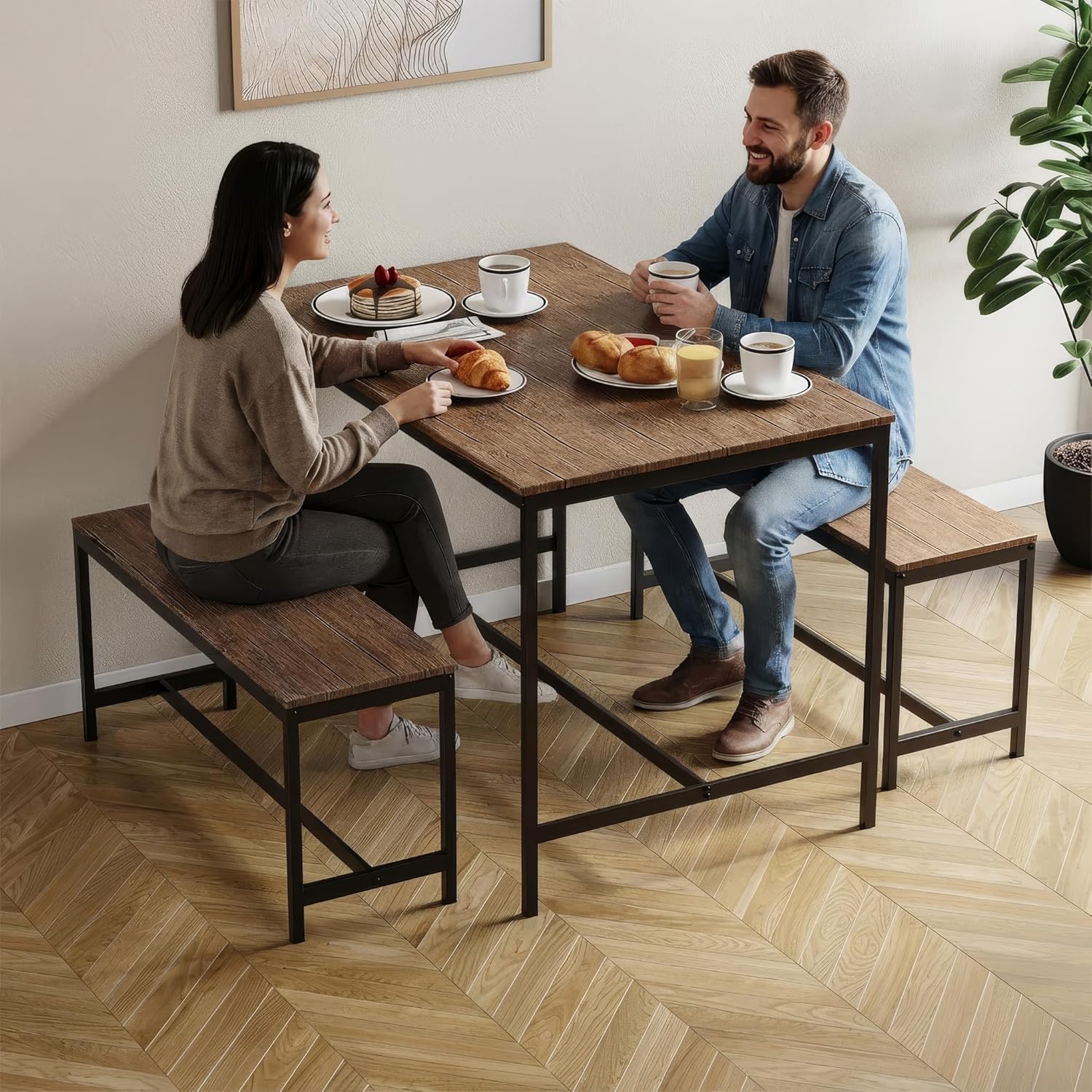 4 Seater Dining Set | Dark Wood | 3 Piece Dining Room Complete Set | 75H x 110W x 70D cm | with 2 Benches | Rustic | Solid Metal Frame | Industrial Design