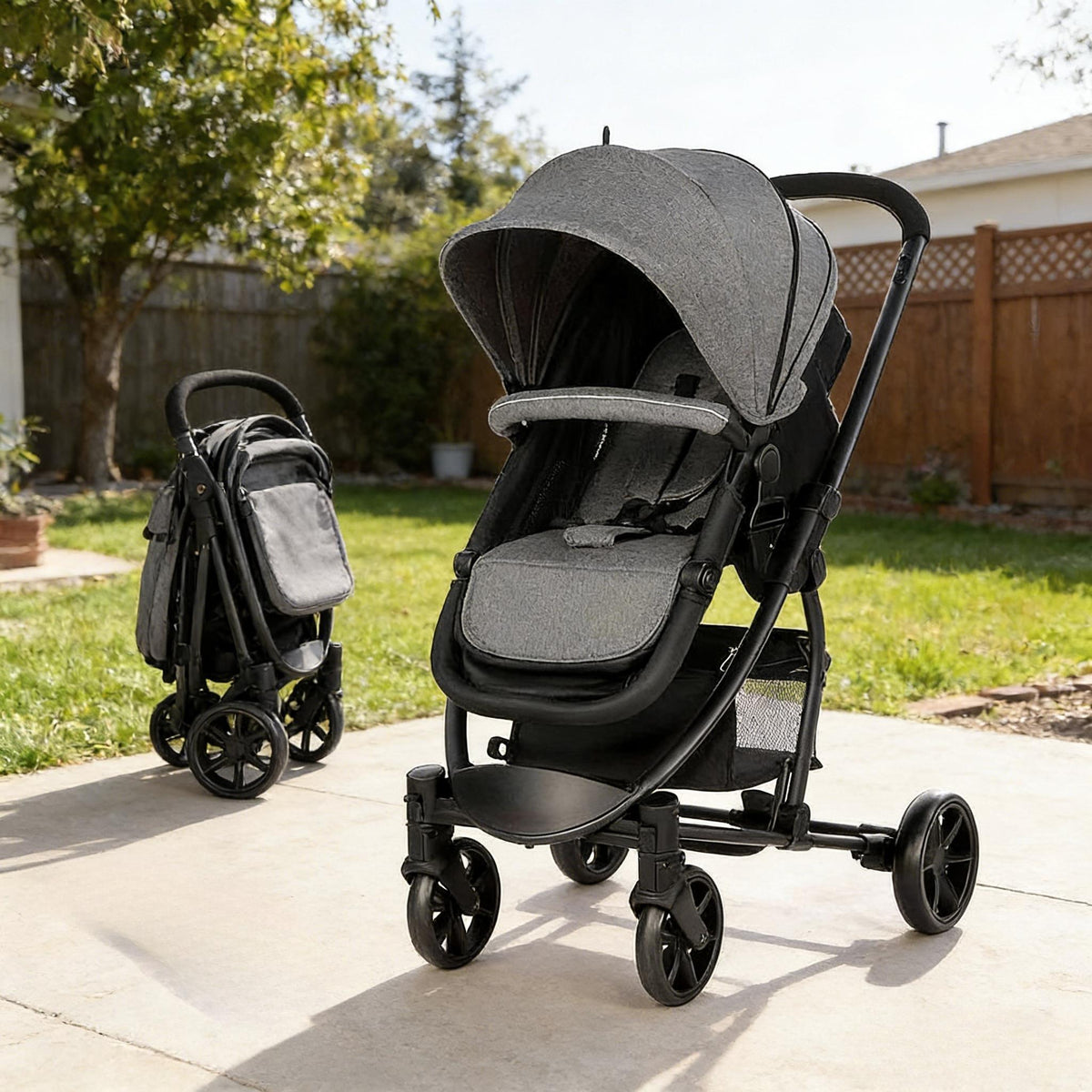 Pram 2-in-1 Travel System, Foldable Baby Pushchair with Reversible Seat, Reclinable Bassinet/Carrycot,Cover, Newborn To Toddler Stroller, Black & Grey