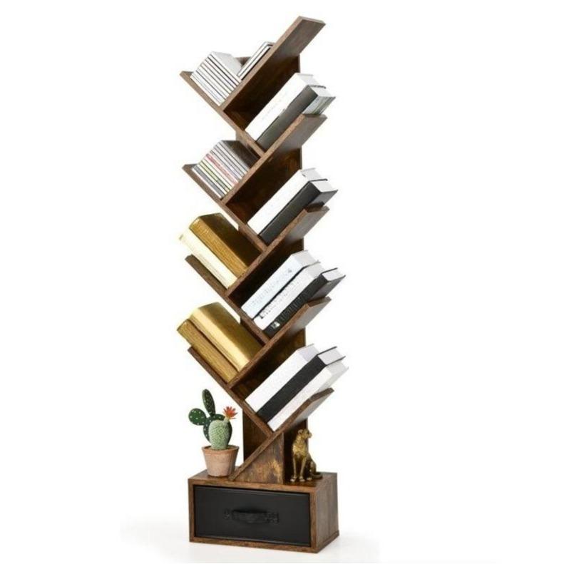 10‑Tier Tree‑Shaped Floor‑Standing Bookshelf, Wooden Narrow Book & Magazine Display Storage Shelving Unit with Foldable Fabric Drawer for Living Room Bedroom Office