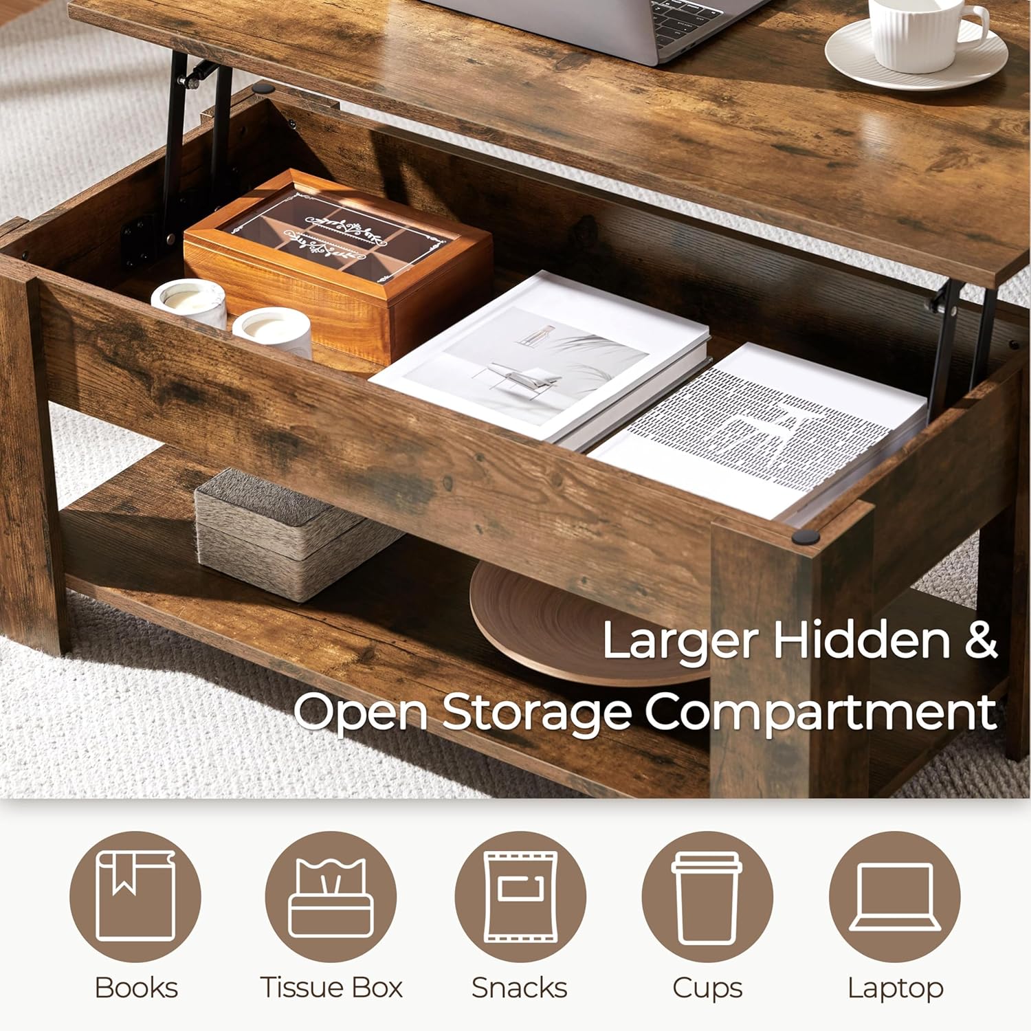 【NS】Lift Up Coffee Table, Wooden Lifting Tea Table with Hidden Storage Drawer and Open Shelf for Living Room/Reception, Rustic Brown, 98x50x(42-56) cm