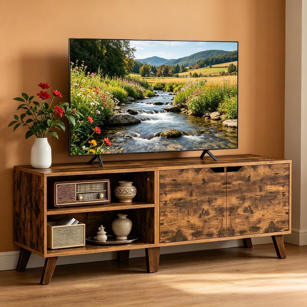 140cm TV Cabinet with 2 Doors and Adjustable Shelves, Media Console for TVs up to 60 Inches, Entertainment Stand for Living Room, Dining Room, Bedroom [Plus A Free Gift]