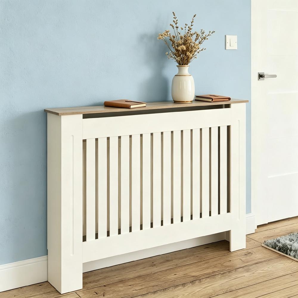 Medium Grey Slatted Wood Radiator Cover with Shelf - Modern Minimalist Style for Living Room, Bedroom [Plus A Free Gift]