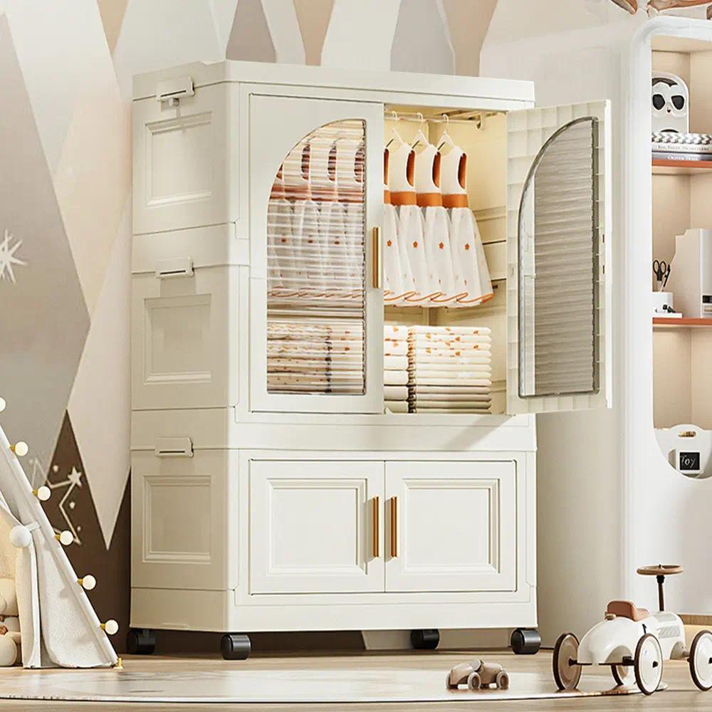 Cream White Foldable Plastic Baby Wardrobe, Kids Storage Organizer with Magnetic Doors, Transparent Panels & Lockable Wheels, Portable Clothing & Toy Storage Cabinet for Nursery & Kids Bedroom
